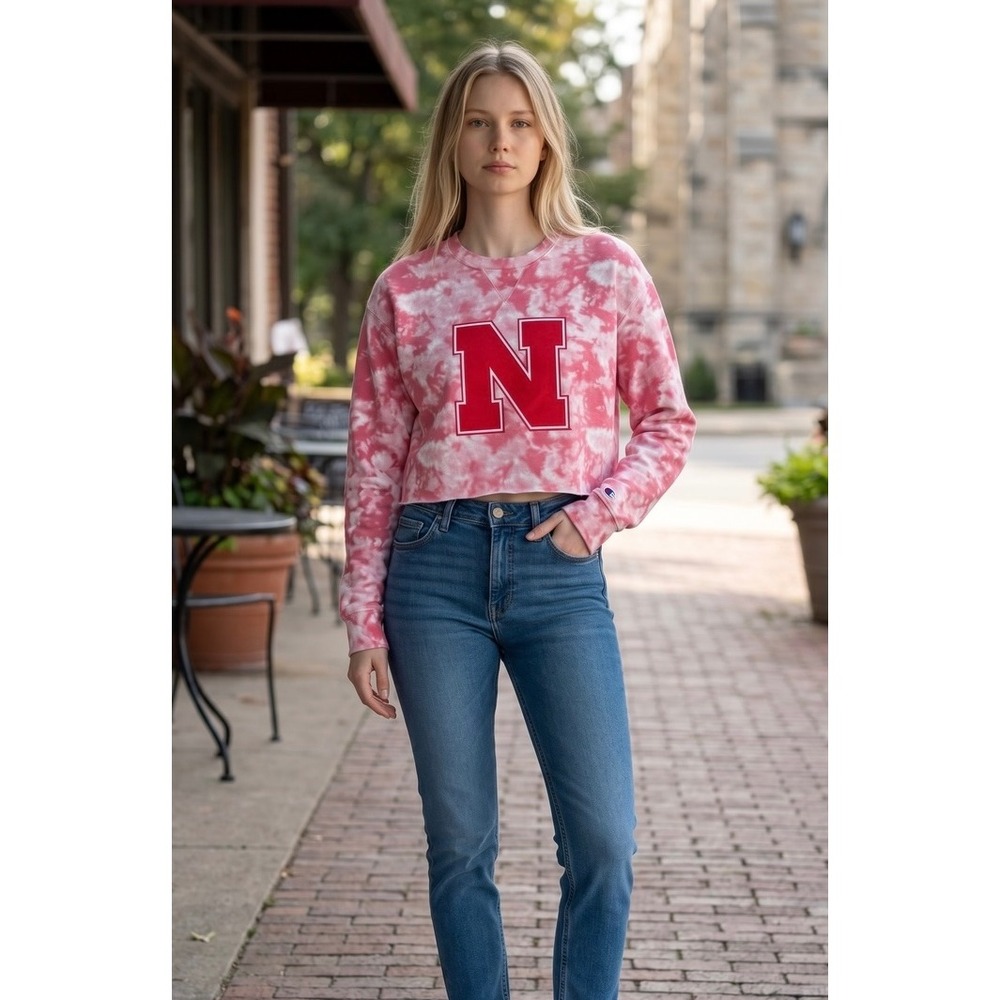 Champion Nebraska Cornhuskers Pink Tie Dye Cropped Sweatshirt Womens L NWT